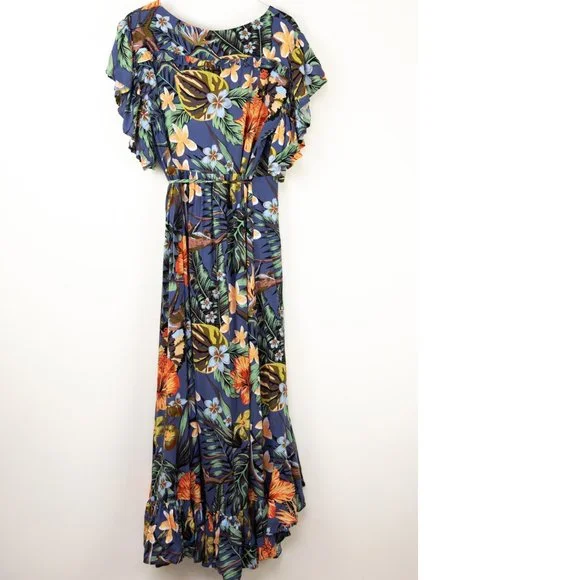Bali Elf "Carmen" Wrap Dress Maxi Tropical Monkey Floral Print Blue Size XL New - Picture 4 of 7